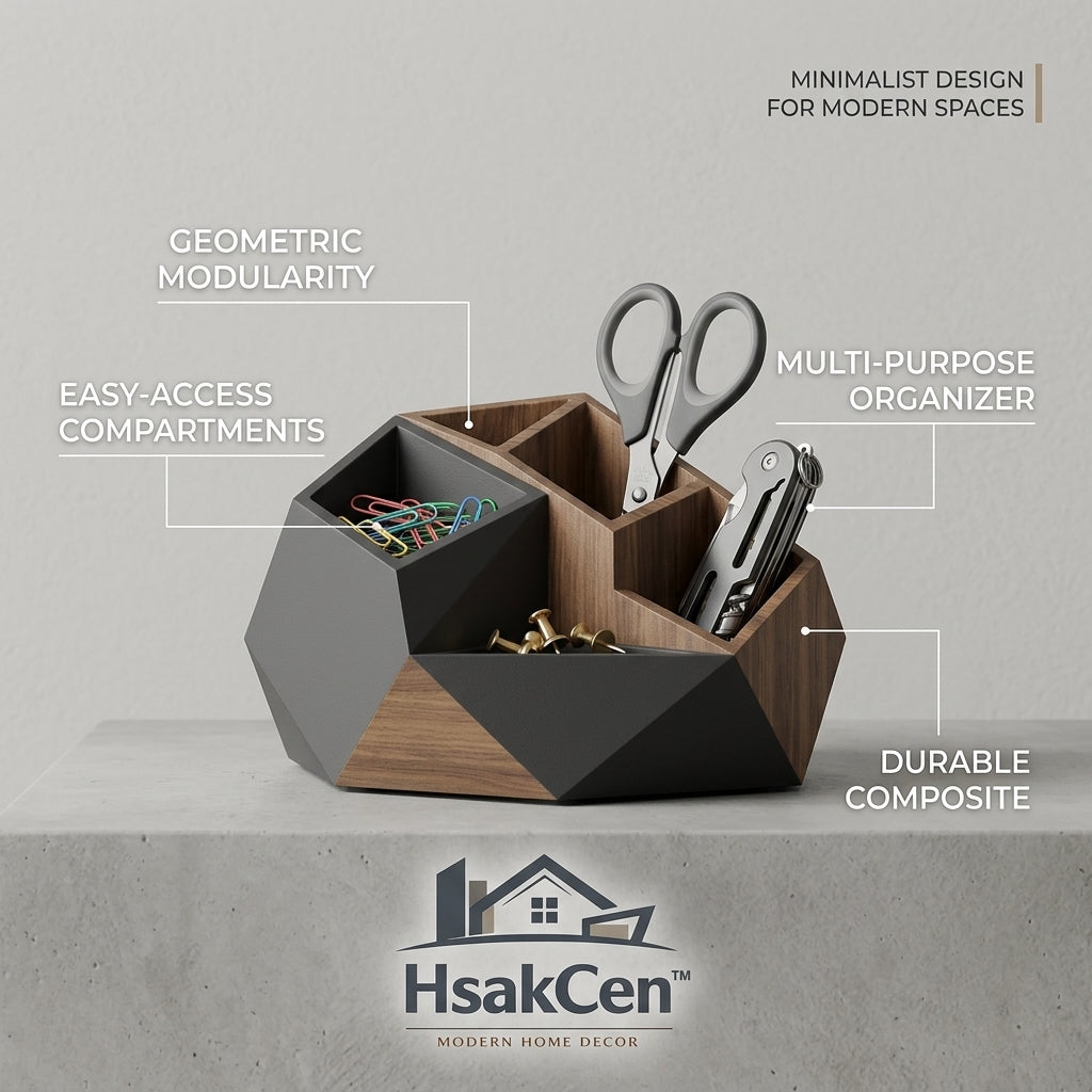 HsakCen™ Geometric Desk Organizer - Modern Wooden Pen Holder & Stationery Storage Caddy, Minimalist Modular Desktop Organizer for Home Office, School, Vanity & Workspace Accessories
