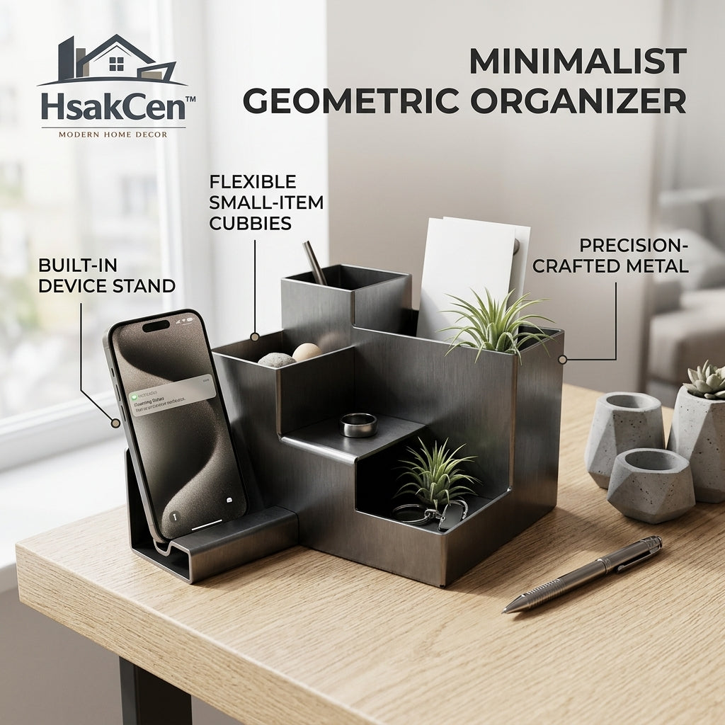HsakCen™ Minimalist Geometric Desk Organizer – Modern Metal Desktop Caddy with Built-in Phone Stand – All-in-One Office & Home Workspace Storage for Stationery, Tech, and Accessories