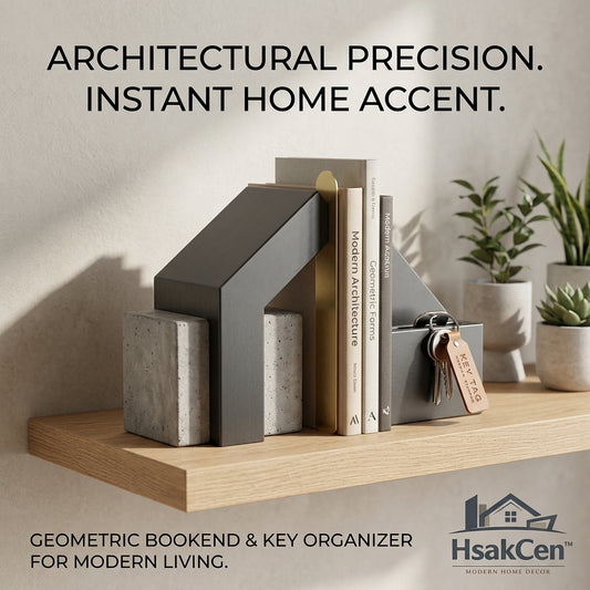 HsakCen™ Architectural Geometric Bookend & Integrated Key Organizer | Modern Industrial Metal & Concrete Storage Stand | Minimalist Entryway or Desk Decor for Books, Keys, & Notes