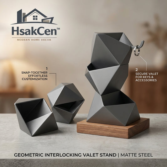 HsakCen™ Modular Geometric Valet Tray & Desk Organizer – Modern Catch-All Bowl with Key Hook, Stackable Matte Steel Storage for Entryway, Nightstand, & Office Desk