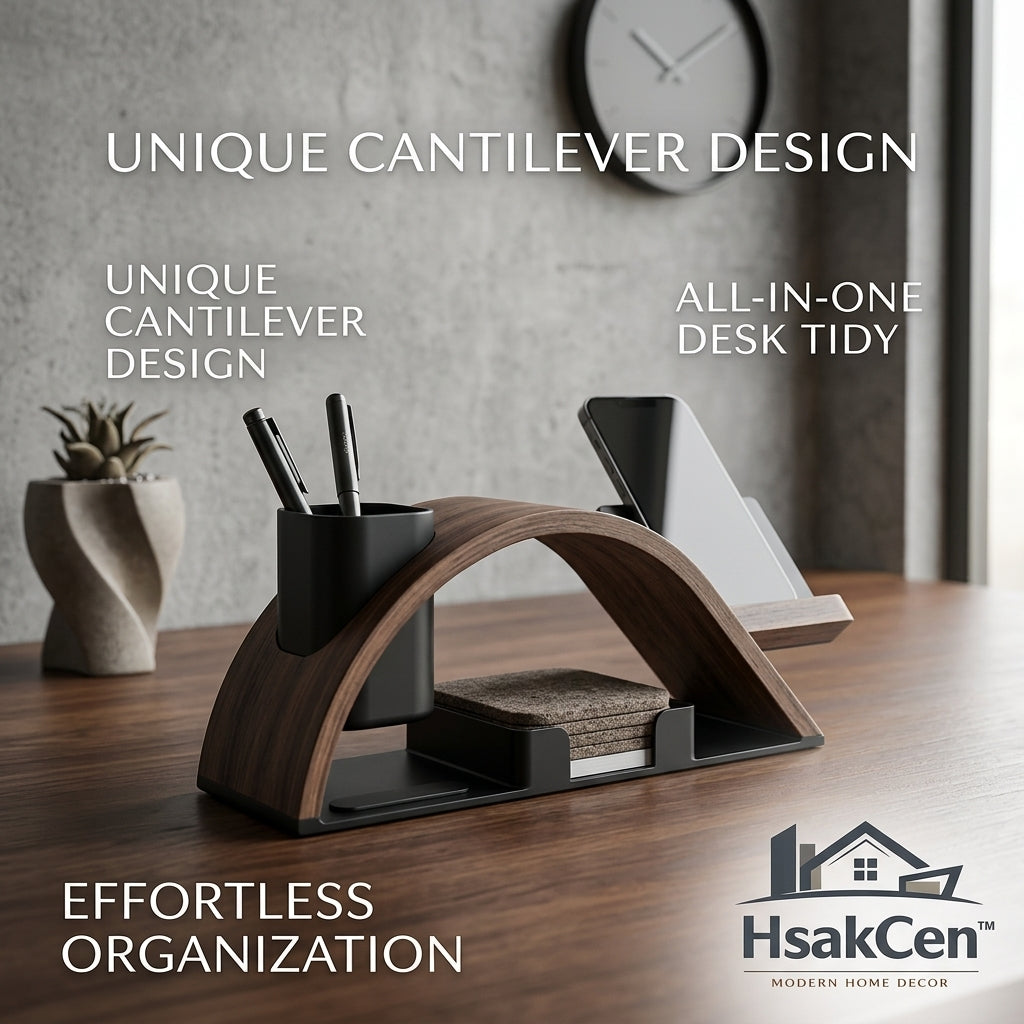 HsakCen™ Premium Cantilever Desk Organizer & Phone Stand | Modern Walnut Wood & Matte Black Office Accessory | All-in-One Desk Storage for Pens, Smartphone, and Notes | Minimalist Workspace Decluttering Solution