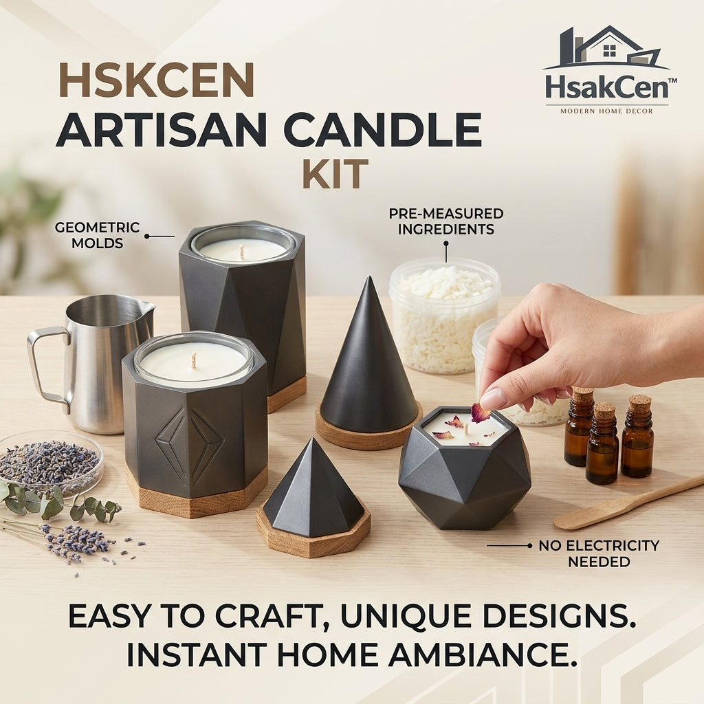 HsakCen™ Artisan Candle Making Kit – Modern Geometric DIY Candle Set with Pre-Measured Ingredients & Essential Oils – Perfect for Home Ambience, Relaxation & Crafting