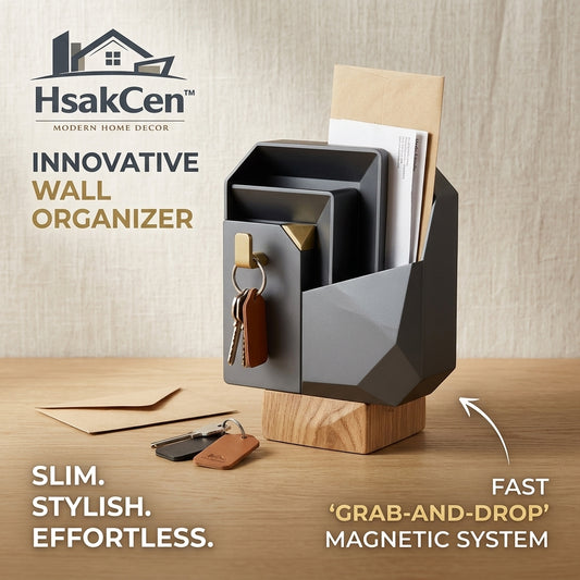 HsakCen™ Modern Geometric Entryway Organizer – Magnetic Key Holder & Mail Sorter, Sleek Desk Storage & Decor, Minimalist Clutter-Free Solution for Home & Office