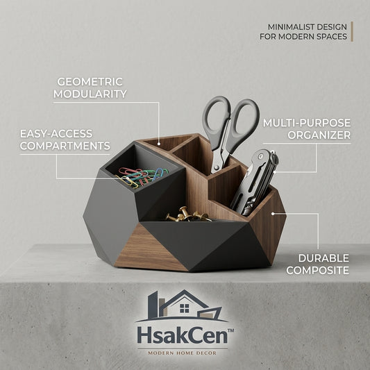HsakCen™ Geometric Desk Organizer - Modern Wooden Pen Holder & Stationery Storage Caddy, Minimalist Modular Desktop Organizer for Home Office, School, Vanity & Workspace Accessories