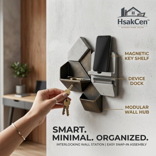 HsakCen™ Modular Wall Organizer & Entryway Station – Sleek Floating Shelf with Magnetic Key Holder & Smartphone Dock, Modern Concrete & Bronze Storage for Home, Office, or Hallway