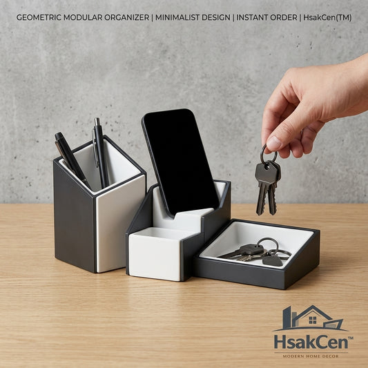 HsakCen™ Geometric Modular Desk Organizer – Minimalist Phone Stand, Pen Holder & Entryway Catch-all Tray – Modern Black & White Storage Solution for Office, Bedside & Hallway